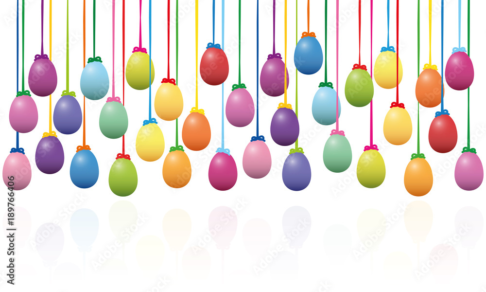 Poster hanging easter eggs - colorful isolated background vector illustration on white background with refl
