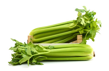 fresh celery in wood crate on white