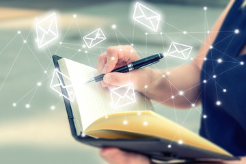 Woman write down letters in notebook for send message without computer. Business technology and Environment concept. Paper and Notebook theme. Envelope email icon with line dot abstract illustration