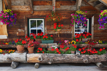 Fototapeta na wymiar Blumenschmuck an der Fassade einer Almhütte in den Nockbergen