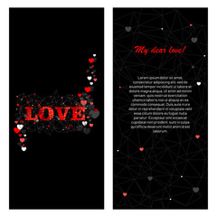 Greeting card with sparkling red text Love. Heart and Fashionable polygonal abstract mesh on luxury black background. For engagement, wedding, Valentine Day. Vertical design.