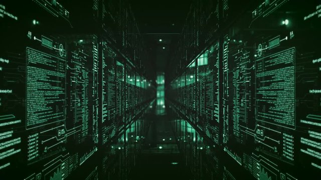 Sci fi data center with glass HUD servers. Loopable tunnel with digital data code text and futuristic elements.Green color screensaver.Type 2 