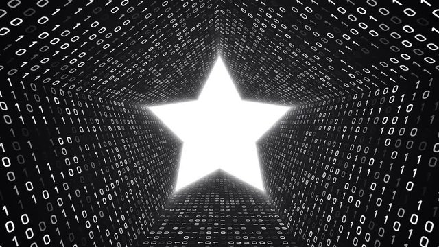 White star icon form white binary tunnel on black background. Seamless loop. More icons and color options available in my portfolio.