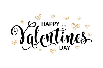 Happy Valentines Day card. Beautiful greeting typography poster handwritten calligraphy, inscription black text word, gold heart. Design modern lettering brush, isolated white background vector