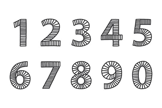 Freehand drawn numbers from one to zero. Set in black outlines, filled with lines in even distances. Loose appearance. Illustration. Isolated on white background. Vector.