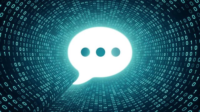 White speech bubble icon form cyan binary tunnel on cyan background. Modern communication concept. Seamless loop. More icons and color options available in my portfolio.