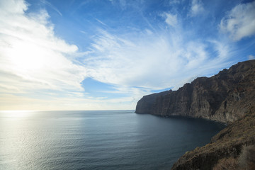 fishing boats and nets near Los Gigantes Cliffs, Tenerife, Spain. Arial view