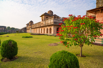 Mandu India, afghan ruins of islam kingdom, mosque monument and muslim tomb. Architectural details.