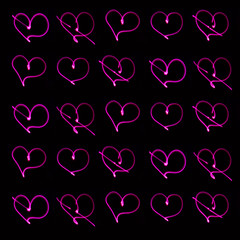 simple seamless background of neon hearts on a dark background