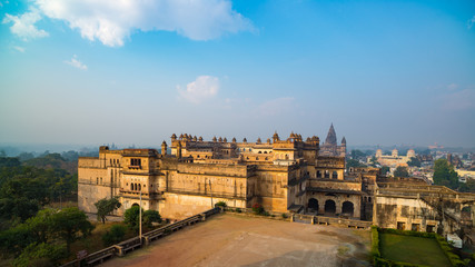 Orchha Palace, sunny day and blue sky, view from above. Also spelled Orcha, famous travel destination in India.