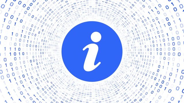Blue information icon form blue binary tunnel on white background. Seamless loop. More icons and color options available in my portfolio.