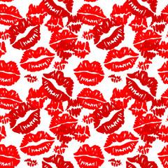 Seamless background with red prints of lipstick