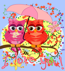 Two pink, moth-owl-girls sit on a rainbow under a pink umbrella. The inscription I love you. Concept of homosexual female love, postcard