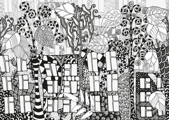 Seamless horizontal street background. Houses, trees and autumn leaves. Pattern for coloring book. Zentangle. Black and white pattern in vector.