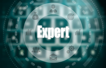 An expert concept on a futuristic computer display over a blured image of a keyboard.