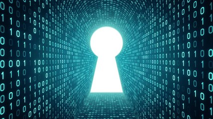 White keyhole icon form cyan binary tunnel on cyan background. Computer security concept. Seamless loop. More icons and color options available in my portfolio.