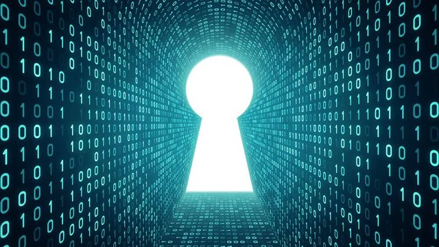 White keyhole icon form cyan binary tunnel on cyan background. Computer security concept. Seamless loop. More icons and color options available in my portfolio.