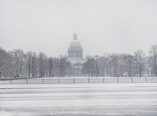 Silhouette of St. Isaac's Cathedral in the snow. Winter In Saint Petersburg. Russia. January 2018.
