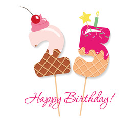Happy Birthday card. Festive sweet numbers 25. Coctail straws. Funny decorative characters. Vector