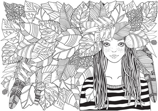 Cool young girl in a striped sweater with autumn leaves . Adult Coloring book page. Young woman. Black and white Zentangle style. . A4.