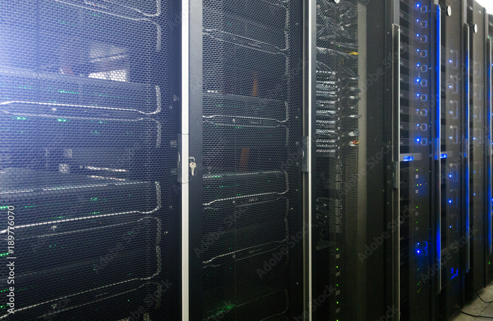 Poster server room. web internet and network telecommunication technology, big data storage and cloud compu