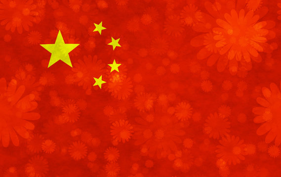 Chinese flag with blooms scattered around