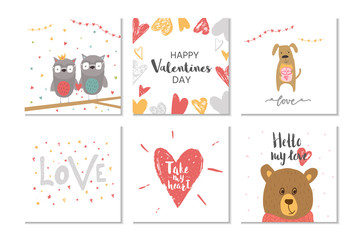Lovely set of 6 Valentines day gift card  with heart, teddy bear and lettering love