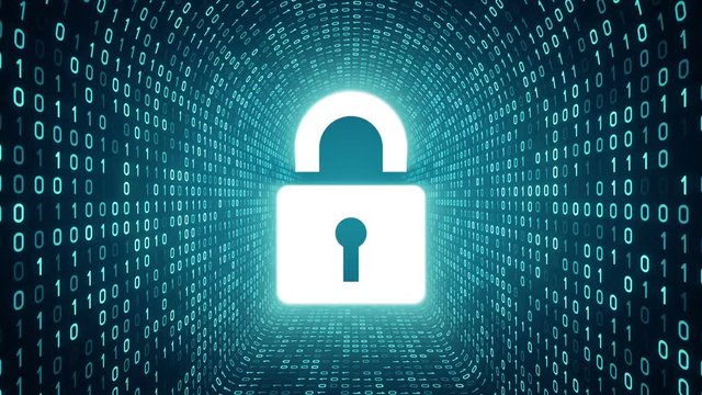 White lock icon form cyan binary tunnel on black background. Computer security concept. Seamless loop. More icons and color options available in my portfolio.