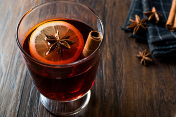 Hot Wine for Winter. Prepared with Anise, Spices, Cinnamon Sticks and Orange Slice.