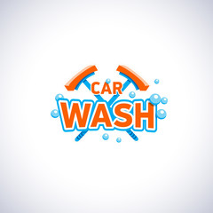 Car wash cartoon style emblem with bubbles and mop, isolated vector logo template. Cleaning service company logotype.