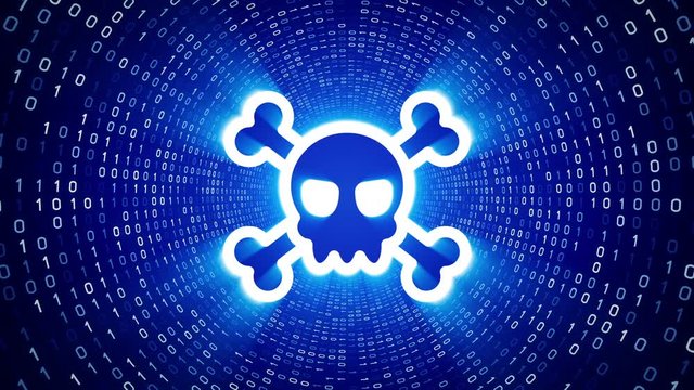 White skull icon form white binary tunnel on blue background. Cyber crime concept. Seamless loop. More icons and color options available in my portfolio.