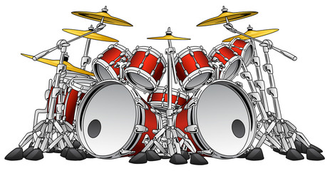 Huge Hard Rock Drum Set Musical Instrument Vector Illustration - obrazy, fototapety, plakaty