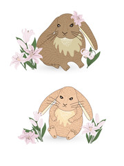 Set of two rabbits with flowers.