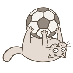 Cartoon cat soccer player caught the ball. Vector illustration