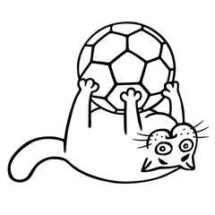 Fat cat is caught a soccer ball. Isolated vector illustration.
