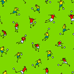 Soccer players with ball  background. Seamless pattern of minimalistic doodle sportsmen in action.