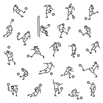 Soccer players with ball  icons set. Collection of minimalistic doodle sportsmen in action.