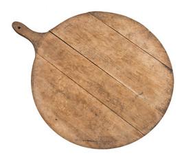 Old wood kitchen cutting board isolated on white. Round, with handle. - obrazy, fototapety, plakaty