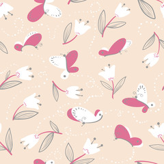 Seamless pattern with butterflies. Background with flying beautiful butterfy and tulip flowers.