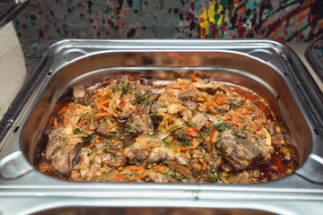 Wedding Catering: Porkwith Vegetables and Gravy in a steel Chafing Dish