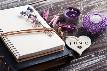 Fototapeta premium Empty notebook, crochet pebble paperweight