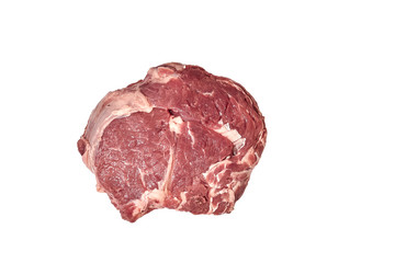 Fresh raw beef steak isolated on white background, top view.