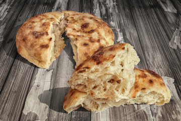 Fireplace Baked Delicious Tender Domestic Traditional Leavened Pitta Flatbread Torn Loaves Set On Old Weathered Lacquered Cracked Wooden Garden Table Grunge Surface