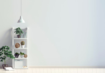 Modern interior with shalf, plant and lamp. Wall mock up. 3d illustration