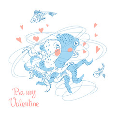 Hand drawn Valentine's Day greeting card. Cute couple of octopuses hugs