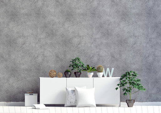 Modern interior with rack, plant and pillow. Wall mock up. 3d illustration
