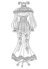 Women's lace dress. Hand drawn illustration for coloring page, poster or invitation card design. Sketch for anti-stress colouring book in zen-tangle style. Vector picture.