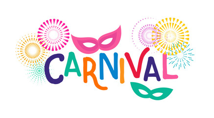 Carnival poster, banner with colorful party elements - mask, confetti, stars and splashes