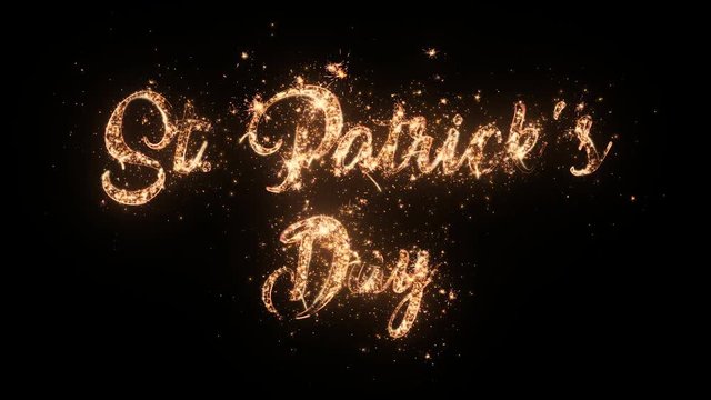 Happy St. Patrick's Day greeting text with particles and sparks isolated on black background, beautiful typography magic design.