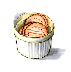 orange round cookie crackers in a white ceramic cup isolated sketch markers hand-drawn